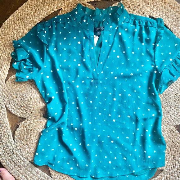 NWT J. CREW GREEN POLKA DOT RUFFLE BLOUSE SZ M - Picture 3 of 5